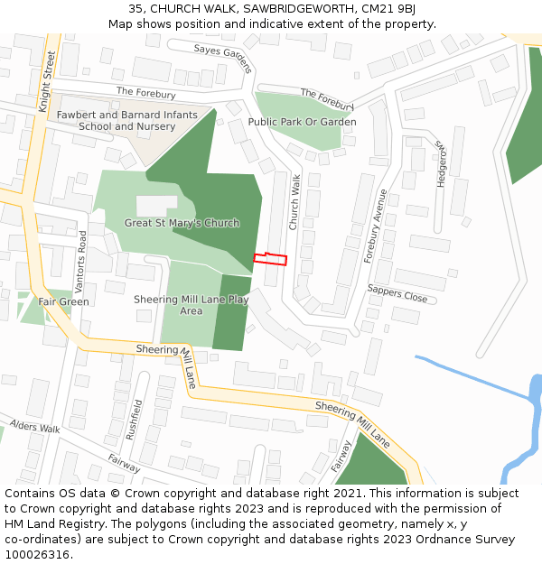 35, CHURCH WALK, SAWBRIDGEWORTH, CM21 9BJ: Location map and indicative extent of plot