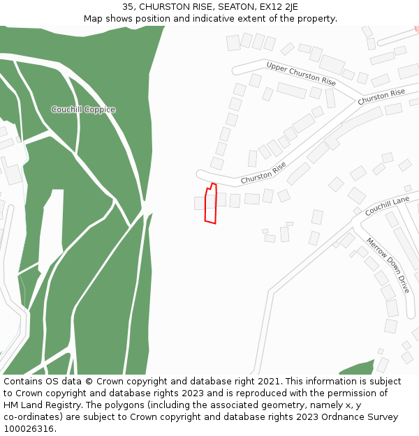 35, CHURSTON RISE, SEATON, EX12 2JE: Location map and indicative extent of plot