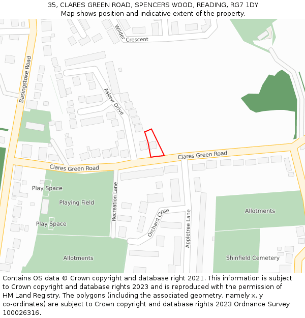 35, CLARES GREEN ROAD, SPENCERS WOOD, READING, RG7 1DY: Location map and indicative extent of plot