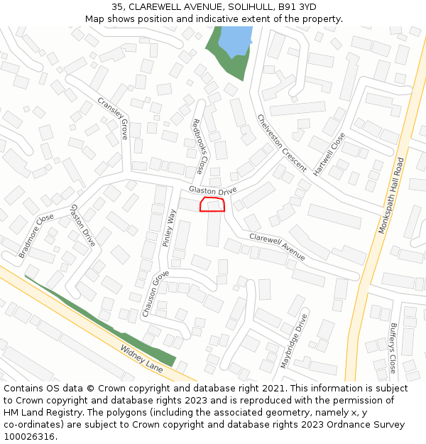 35, CLAREWELL AVENUE, SOLIHULL, B91 3YD: Location map and indicative extent of plot