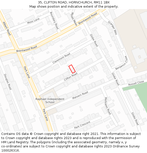 35, CLIFTON ROAD, HORNCHURCH, RM11 1BX: Location map and indicative extent of plot