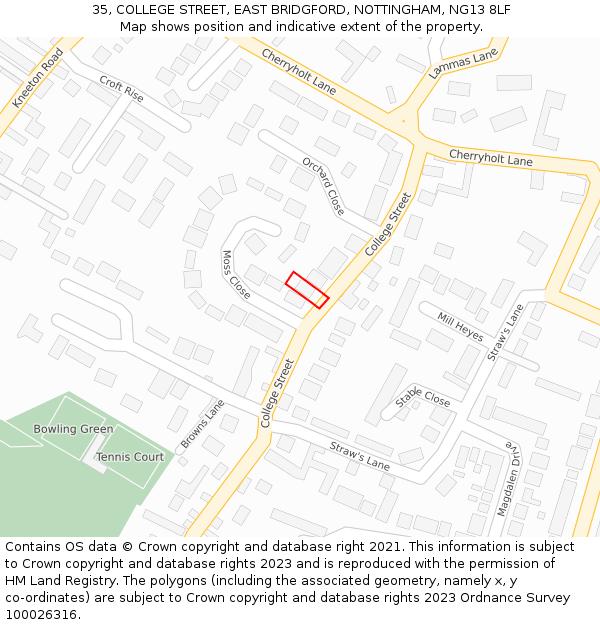 35, COLLEGE STREET, EAST BRIDGFORD, NOTTINGHAM, NG13 8LF: Location map and indicative extent of plot