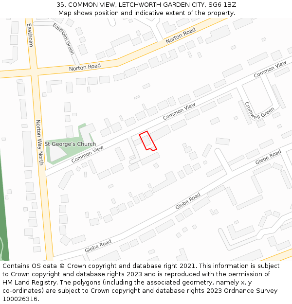 35, COMMON VIEW, LETCHWORTH GARDEN CITY, SG6 1BZ: Location map and indicative extent of plot