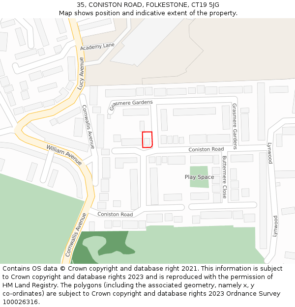 35, CONISTON ROAD, FOLKESTONE, CT19 5JG: Location map and indicative extent of plot