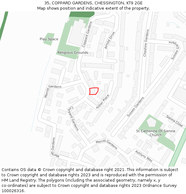 35, COPPARD GARDENS, CHESSINGTON, KT9 2GE: Location map and indicative extent of plot