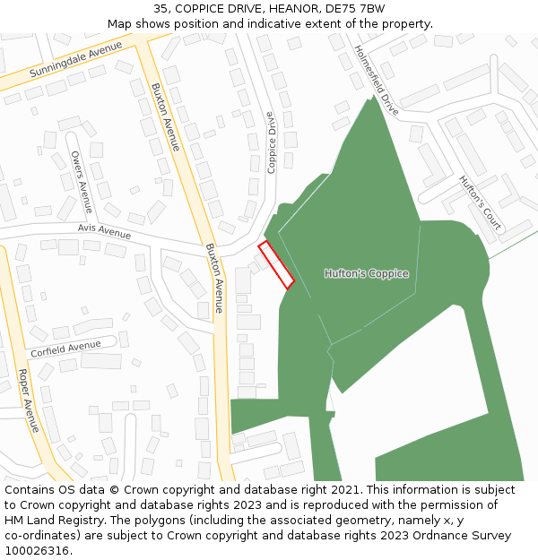35, COPPICE DRIVE, HEANOR, DE75 7BW: Location map and indicative extent of plot