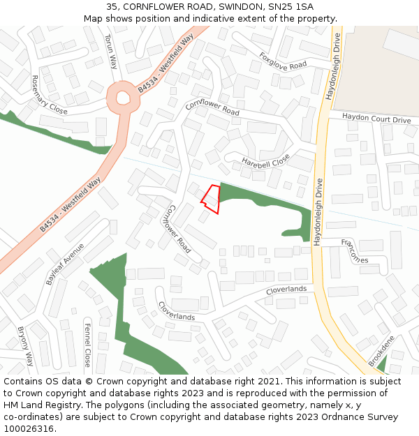 35, CORNFLOWER ROAD, SWINDON, SN25 1SA: Location map and indicative extent of plot