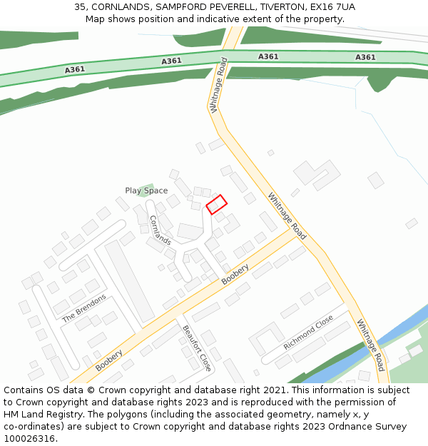 35, CORNLANDS, SAMPFORD PEVERELL, TIVERTON, EX16 7UA: Location map and indicative extent of plot