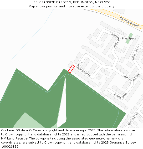 35, CRAGSIDE GARDENS, BEDLINGTON, NE22 5YX: Location map and indicative extent of plot