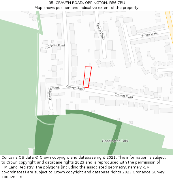 35, CRAVEN ROAD, ORPINGTON, BR6 7RU: Location map and indicative extent of plot