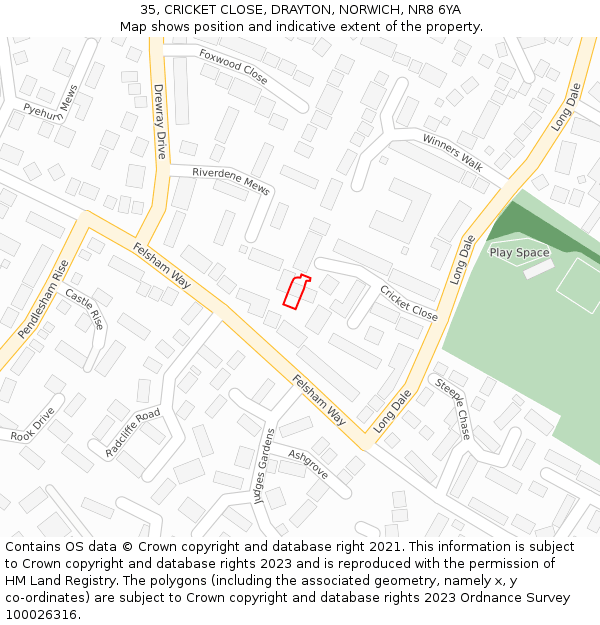 35, CRICKET CLOSE, DRAYTON, NORWICH, NR8 6YA: Location map and indicative extent of plot