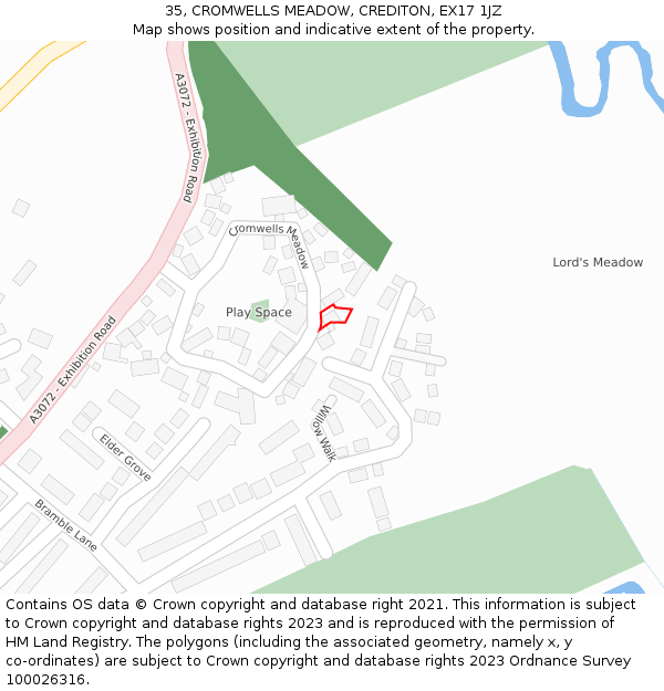 35, CROMWELLS MEADOW, CREDITON, EX17 1JZ: Location map and indicative extent of plot