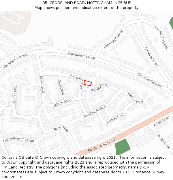 35, CROSSLAND ROAD, NOTTINGHAM, NG5 5UP: Location map and indicative extent of plot