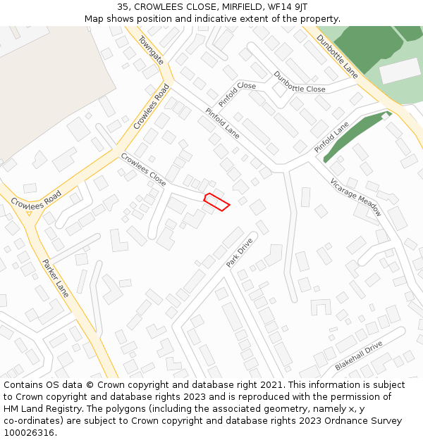 35, CROWLEES CLOSE, MIRFIELD, WF14 9JT: Location map and indicative extent of plot