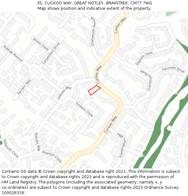 35, CUCKOO WAY, GREAT NOTLEY, BRAINTREE, CM77 7WG: Location map and indicative extent of plot