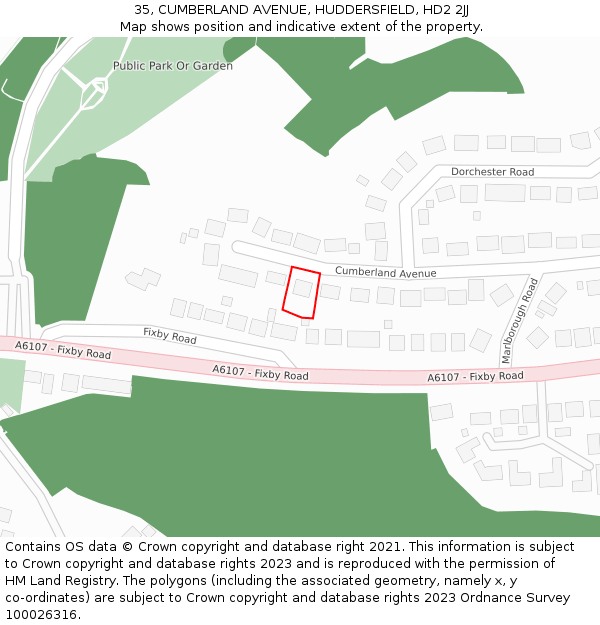 35, CUMBERLAND AVENUE, HUDDERSFIELD, HD2 2JJ: Location map and indicative extent of plot