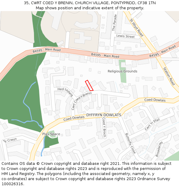 35, CWRT COED Y BRENIN, CHURCH VILLAGE, PONTYPRIDD, CF38 1TN: Location map and indicative extent of plot