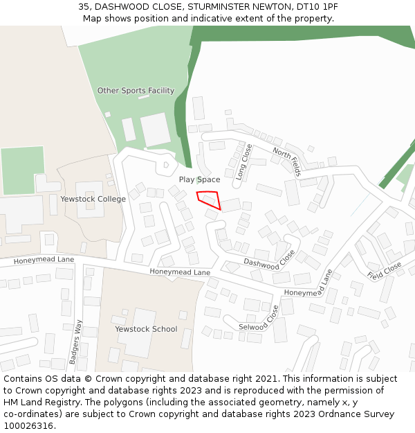 35, DASHWOOD CLOSE, STURMINSTER NEWTON, DT10 1PF: Location map and indicative extent of plot