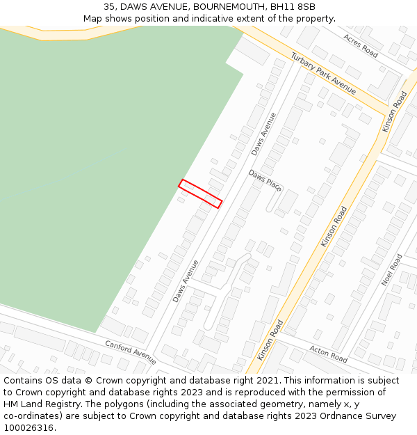 35, DAWS AVENUE, BOURNEMOUTH, BH11 8SB: Location map and indicative extent of plot