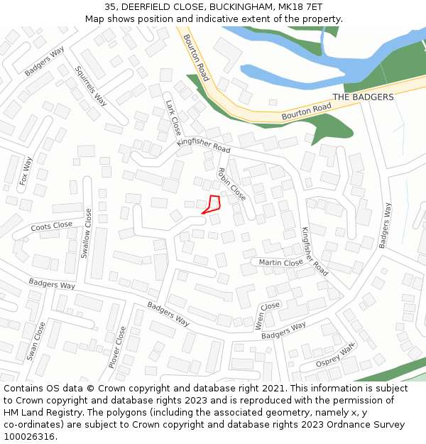 35, DEERFIELD CLOSE, BUCKINGHAM, MK18 7ET: Location map and indicative extent of plot