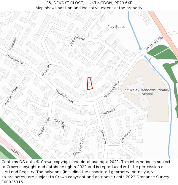 35, DEVOKE CLOSE, HUNTINGDON, PE29 6XE: Location map and indicative extent of plot