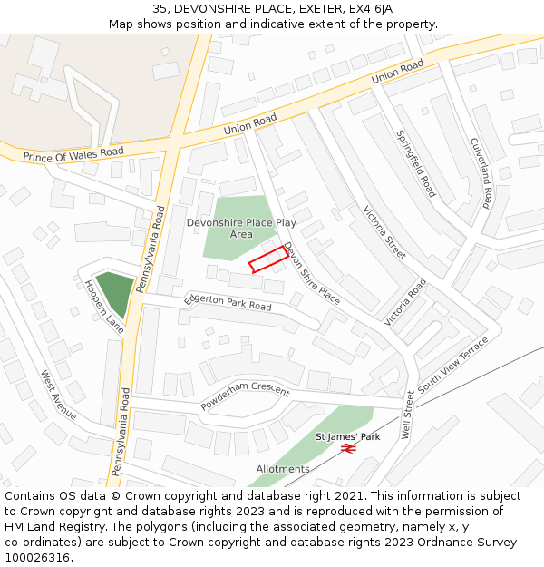 35, DEVONSHIRE PLACE, EXETER, EX4 6JA: Location map and indicative extent of plot