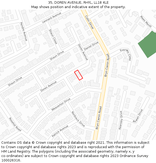 35, DOREN AVENUE, RHYL, LL18 4LE: Location map and indicative extent of plot