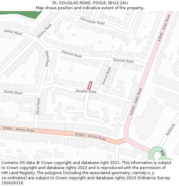 35, DOUGLAS ROAD, POOLE, BH12 2AU: Location map and indicative extent of plot