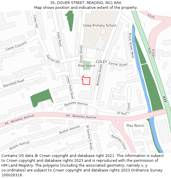 35, DOVER STREET, READING, RG1 6AX: Location map and indicative extent of plot