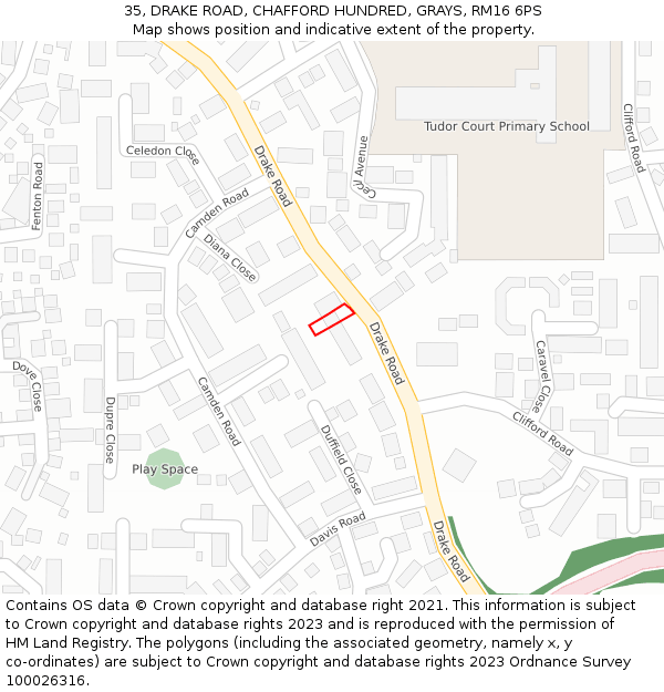 35, DRAKE ROAD, CHAFFORD HUNDRED, GRAYS, RM16 6PS: Location map and indicative extent of plot