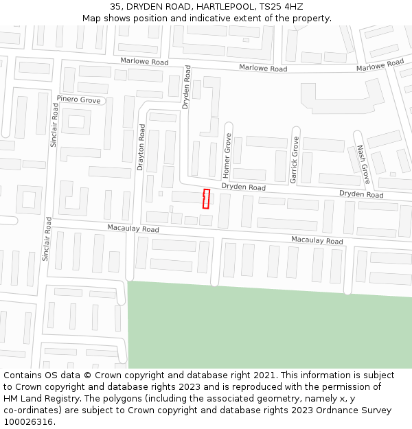 35, DRYDEN ROAD, HARTLEPOOL, TS25 4HZ: Location map and indicative extent of plot