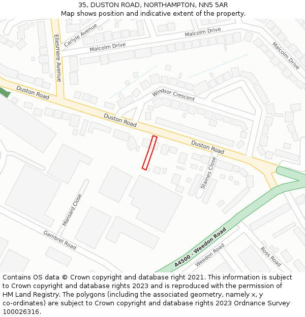 35, DUSTON ROAD, NORTHAMPTON, NN5 5AR: Location map and indicative extent of plot