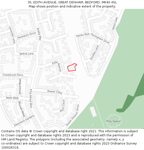 35, EDITH AVENUE, GREAT DENHAM, BEDFORD, MK40 4SL: Location map and indicative extent of plot