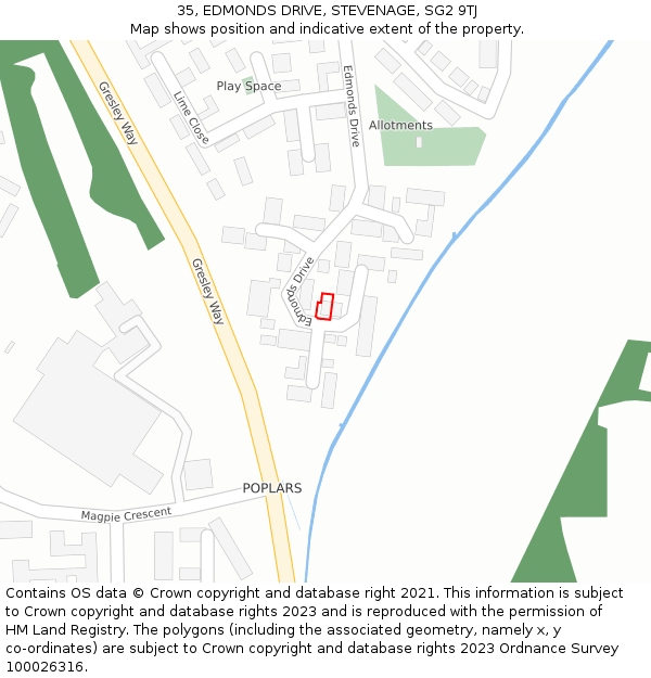 35, EDMONDS DRIVE, STEVENAGE, SG2 9TJ: Location map and indicative extent of plot