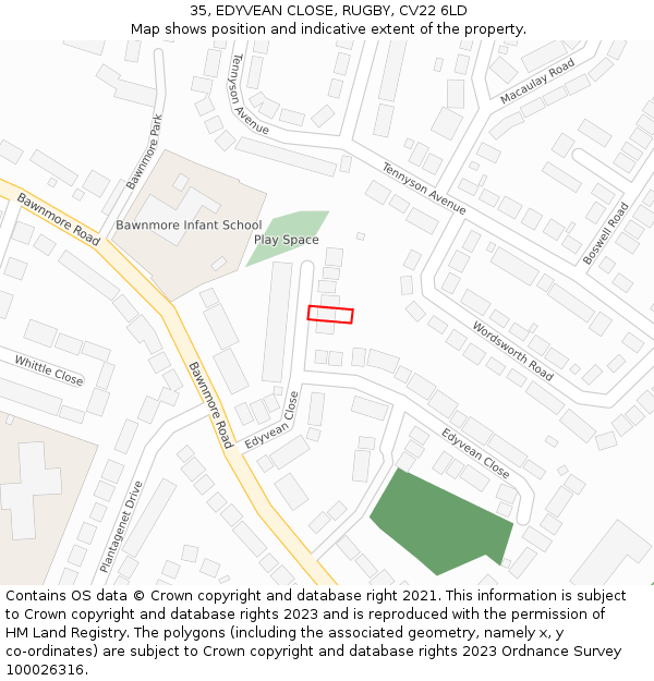 35, EDYVEAN CLOSE, RUGBY, CV22 6LD: Location map and indicative extent of plot