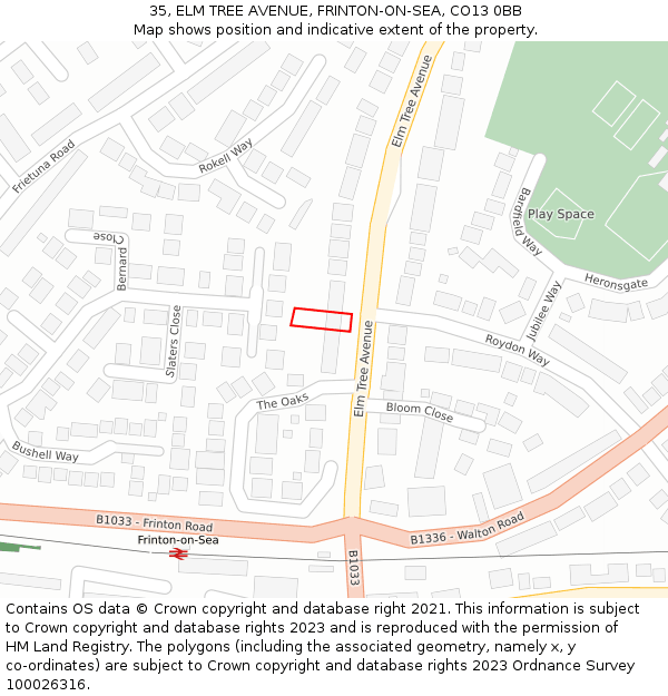 35, ELM TREE AVENUE, FRINTON-ON-SEA, CO13 0BB: Location map and indicative extent of plot