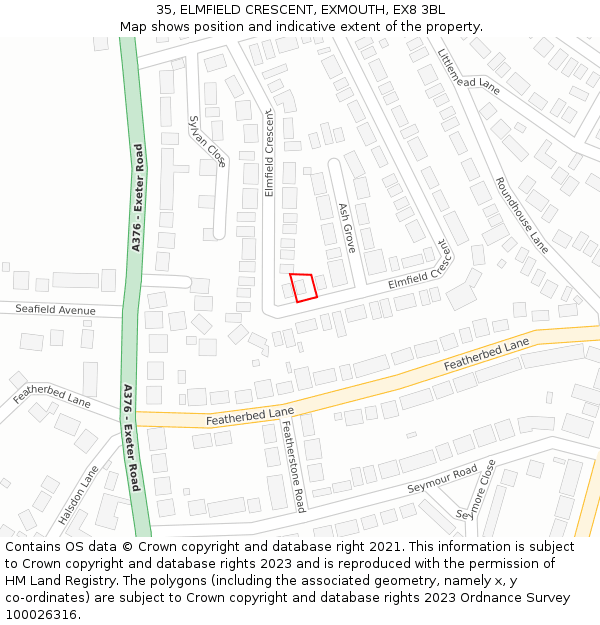 35, ELMFIELD CRESCENT, EXMOUTH, EX8 3BL: Location map and indicative extent of plot