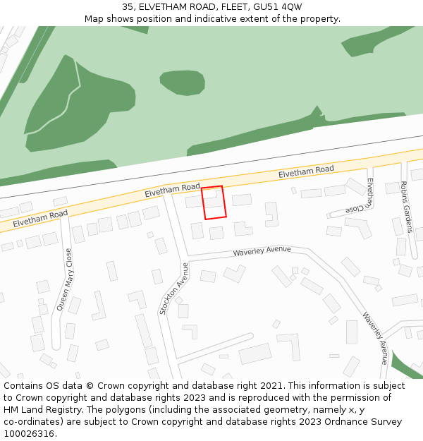 35, ELVETHAM ROAD, FLEET, GU51 4QW: Location map and indicative extent of plot