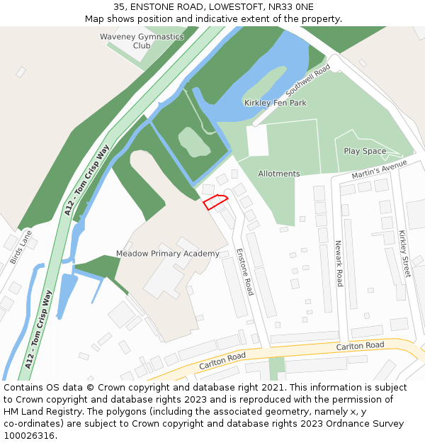 35, ENSTONE ROAD, LOWESTOFT, NR33 0NE: Location map and indicative extent of plot