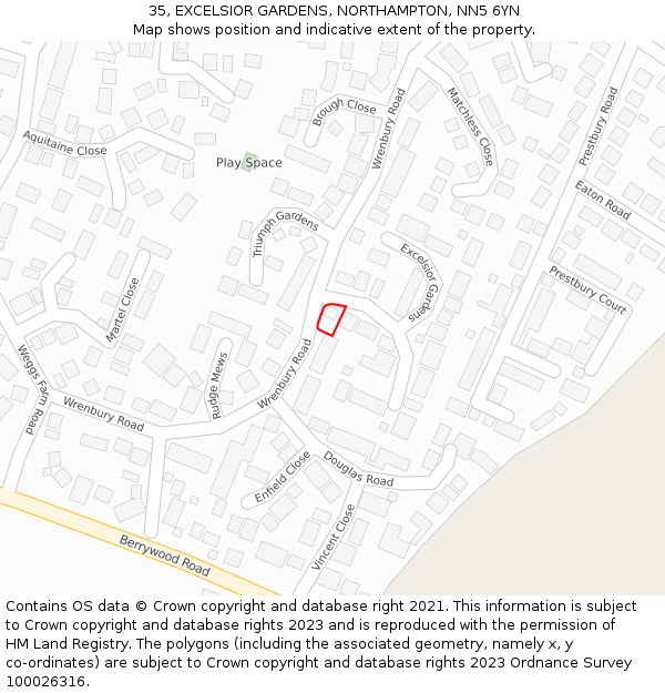 35, EXCELSIOR GARDENS, NORTHAMPTON, NN5 6YN: Location map and indicative extent of plot