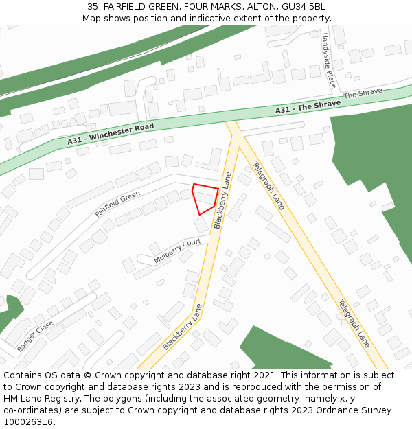 35, FAIRFIELD GREEN, FOUR MARKS, ALTON, GU34 5BL: Location map and indicative extent of plot