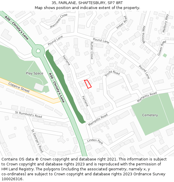 35, FAIRLANE, SHAFTESBURY, SP7 8RT: Location map and indicative extent of plot