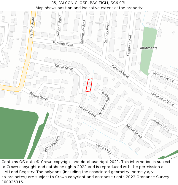 35, FALCON CLOSE, RAYLEIGH, SS6 9BH: Location map and indicative extent of plot