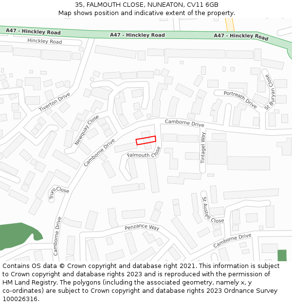 35, FALMOUTH CLOSE, NUNEATON, CV11 6GB: Location map and indicative extent of plot
