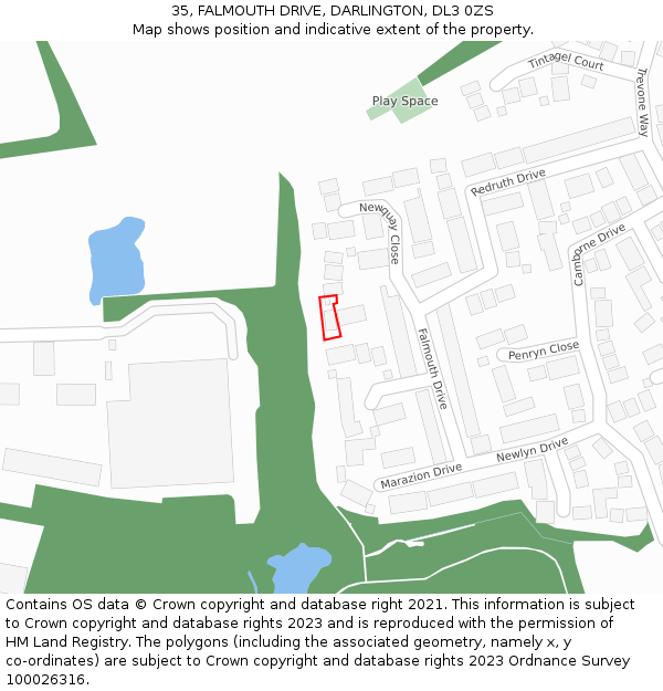 35, FALMOUTH DRIVE, DARLINGTON, DL3 0ZS: Location map and indicative extent of plot