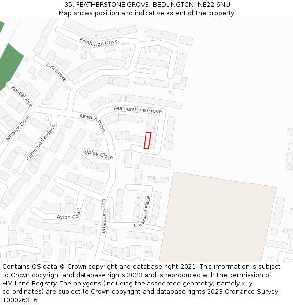 35, FEATHERSTONE GROVE, BEDLINGTON, NE22 6NU: Location map and indicative extent of plot