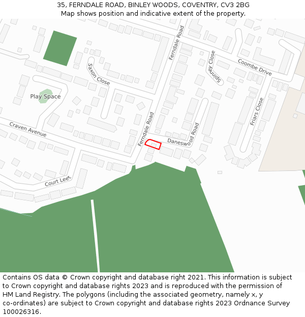 35, FERNDALE ROAD, BINLEY WOODS, COVENTRY, CV3 2BG: Location map and indicative extent of plot