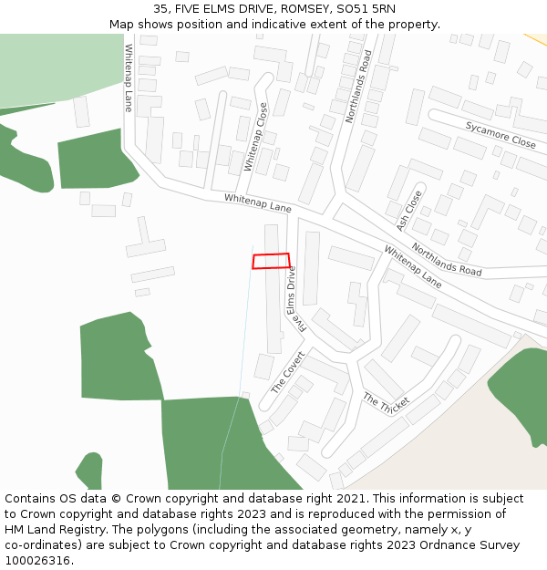 35, FIVE ELMS DRIVE, ROMSEY, SO51 5RN: Location map and indicative extent of plot