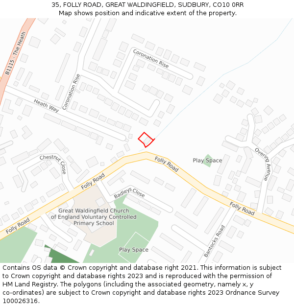 35, FOLLY ROAD, GREAT WALDINGFIELD, SUDBURY, CO10 0RR: Location map and indicative extent of plot