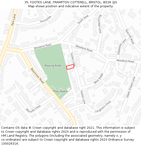 35, FOOTES LANE, FRAMPTON COTTERELL, BRISTOL, BS36 2JG: Location map and indicative extent of plot